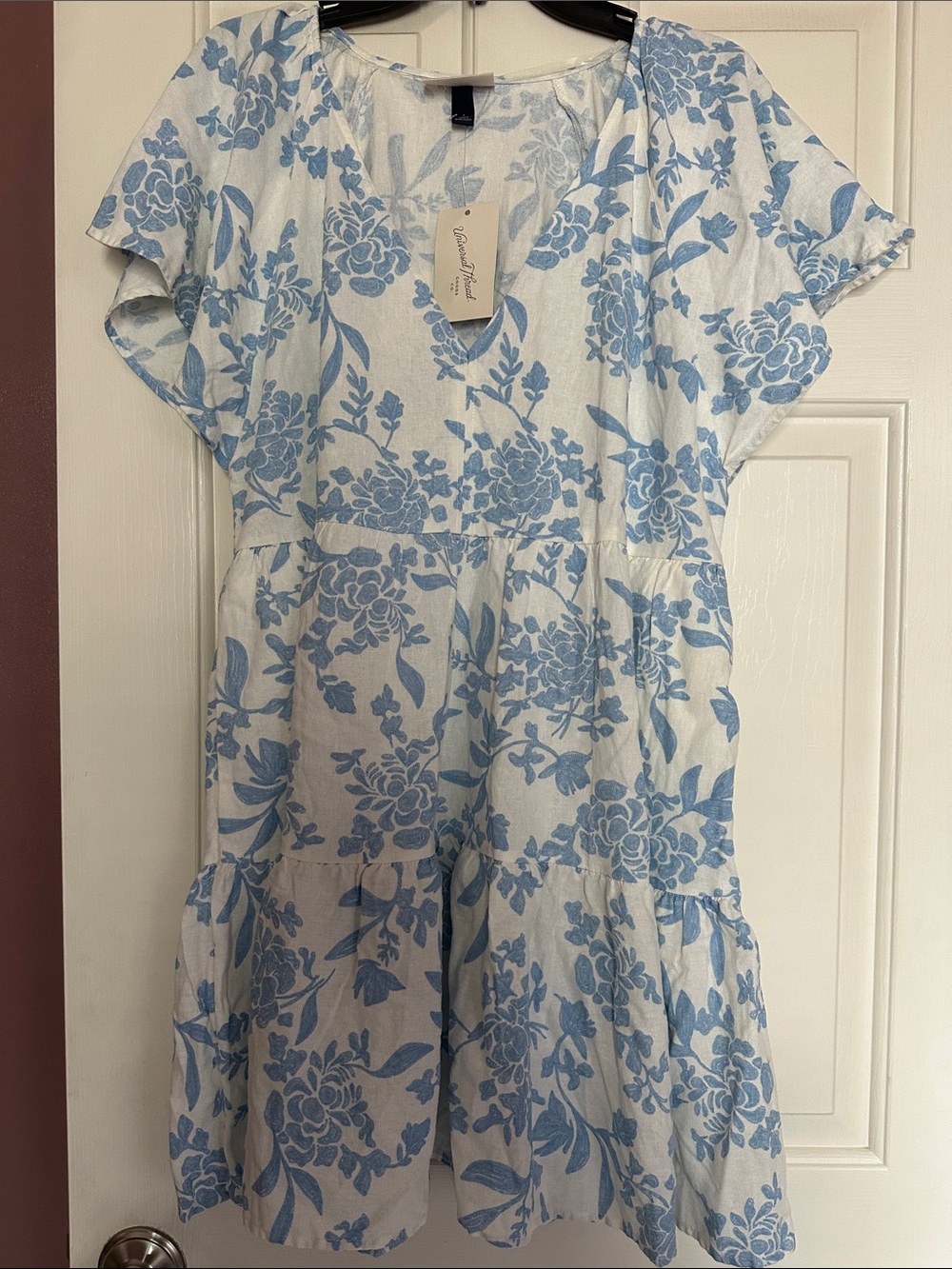 Universal Thread White Midi Dress with Light Blue Floral Print